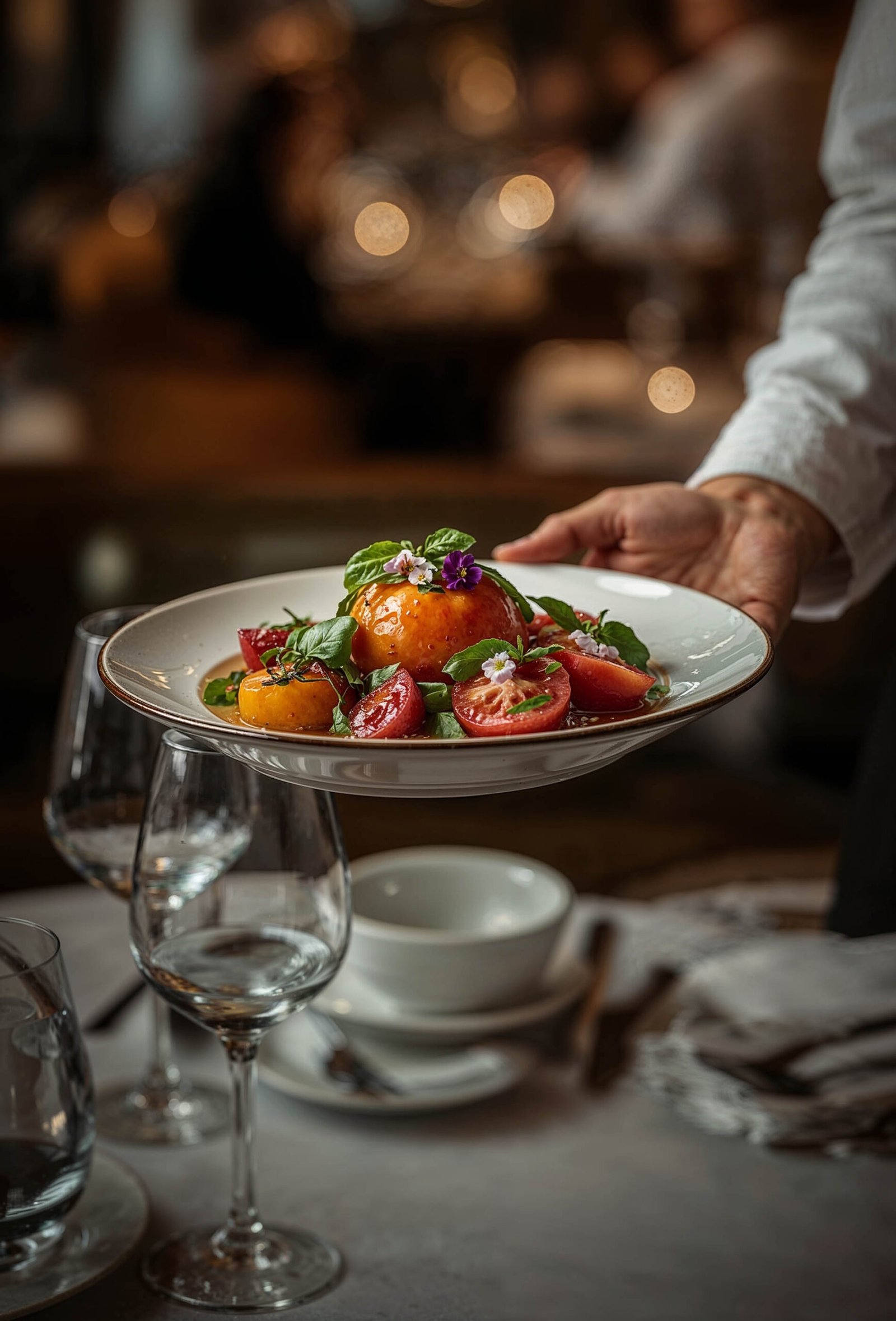 A waiter holding a plate of tomato salad